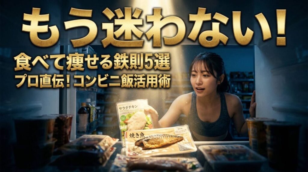 コンビニの冷蔵棚の前で神々しく輝くサラダチキンと焼き魚を手に取る女性と、日本語のタイトル「もう迷わない！痩せる食事の鉄則5選」と「プロ直伝！コンビニ飯活用術」のアイキャッチ画像