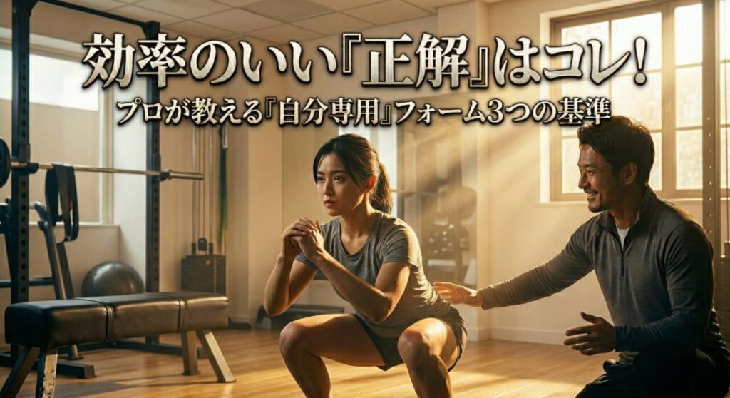 中央で完璧なフォームでスクワットをする初心者女性と、その横で温かく指導するプロのトレーナーを捉えている。画像中央上部に「効率のいい『正解』はコレ！」という力強い文字が配置されている画像
