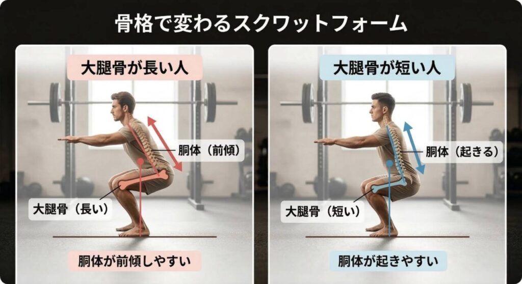 人それぞれの骨格の違いによるスクワットフォームの差異を比較したイメージ