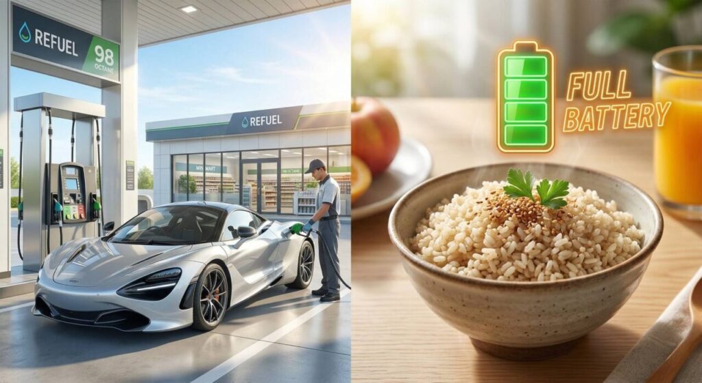 炭水化物を活動前の「ガソリン」として賢く給油するイメージ