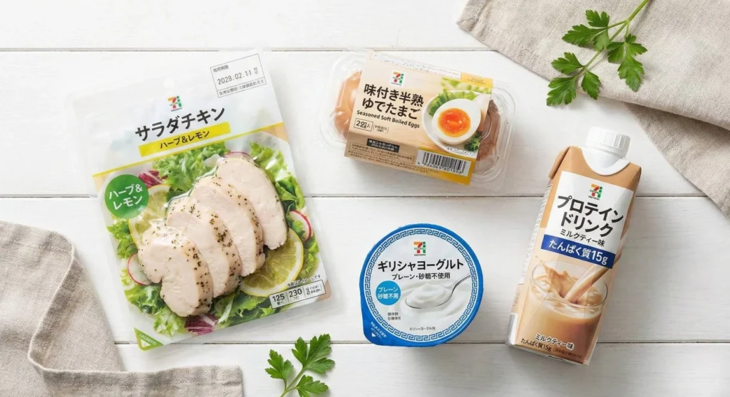 コンビニで購入できる高タンパク・低脂質な食材(サラダチキン、ゆで卵、ヨーグルト)