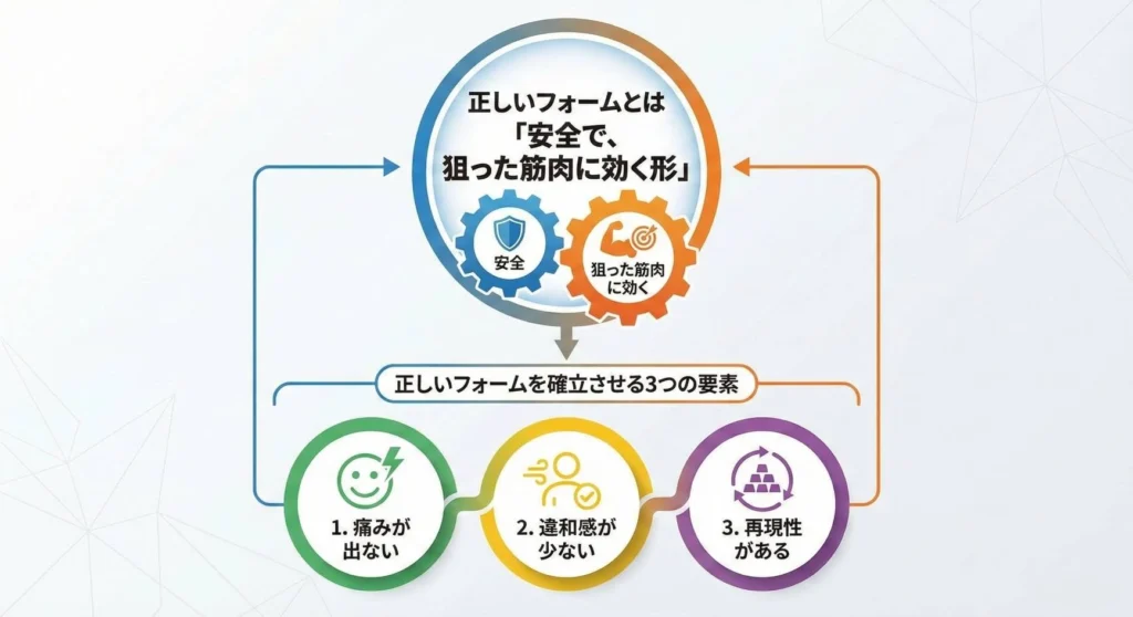 正しいフォームとは「安全で、狙った筋肉に効く形」。重要な3つのポイント（痛みが出ない・違和感が少ない・再現性がある）