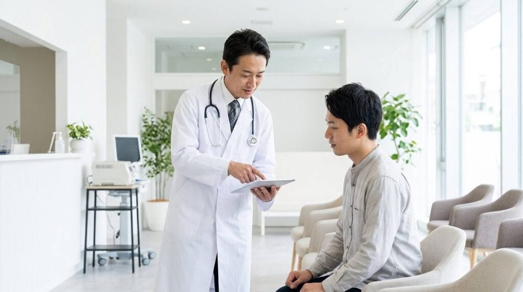 整形外科で肩の痛みを医師に相談する様子
