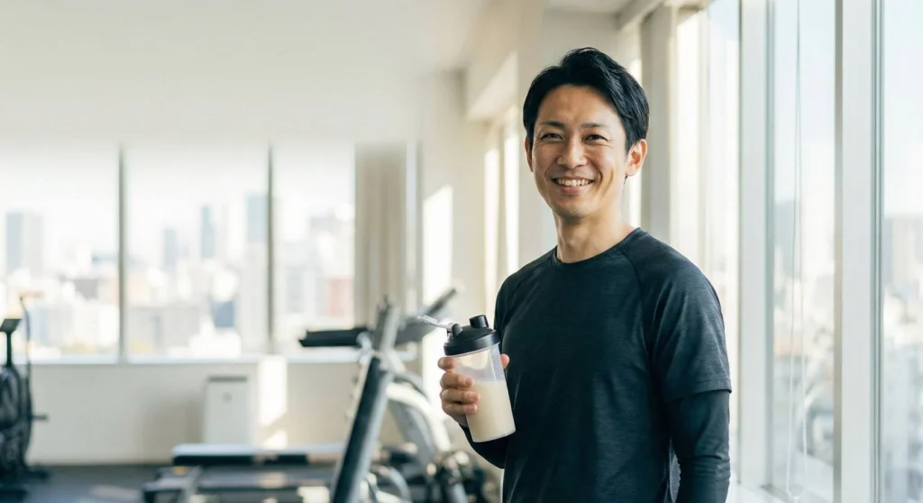 プロテインシェイカーを持ち笑顔で指導する現役パーソナルトレーナー