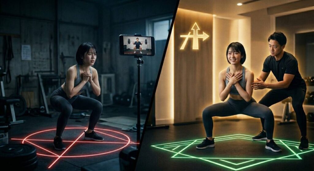 フィットネスコーチングの比較。左はYouTubeでの独学（非効率、怪我のリスク）による不安定なスクワット（赤い光）。右はパーソナルジムでプロの指導