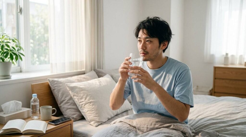 飲みすぎた翌日は無理せず水分補給をして休息をとる日本人男性