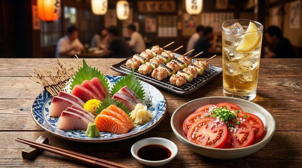 筋トレ中におすすめの居酒屋神メニュー(新鮮な刺身、焼き鳥塩、冷やしトマト)