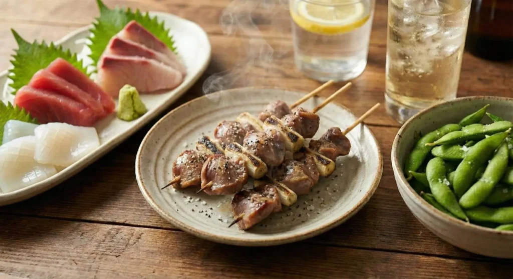 筋トレ中におすすめの居酒屋メニュー。焼き鳥（塩）、新鮮な刺身盛り合わせ、枝豆のセット。