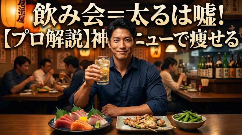 居酒屋でハイボールと刺身を楽しむ筋肉質の日本人男性（プロ解説：神メニューで痩せる）