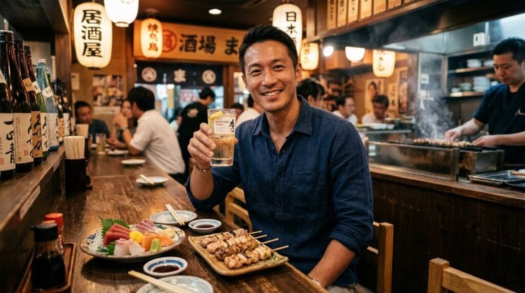居酒屋でハイボールと高タンパクな食事を楽しむ筋肉質の日本人男性