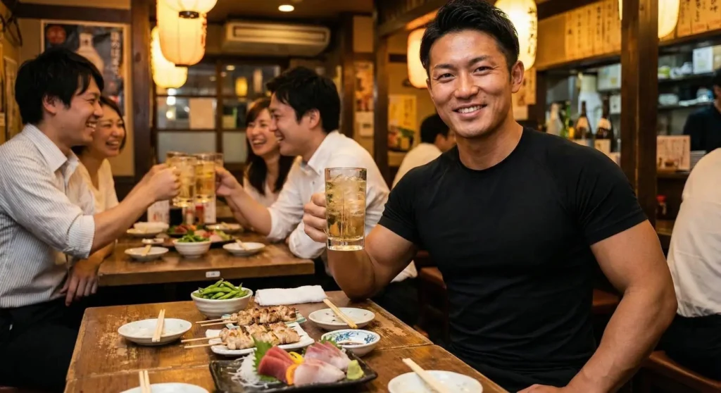 居酒屋でハイボールと高タンパクな食事（焼き鳥・刺身）を楽しむ、筋肉質なトレーナーの様子。