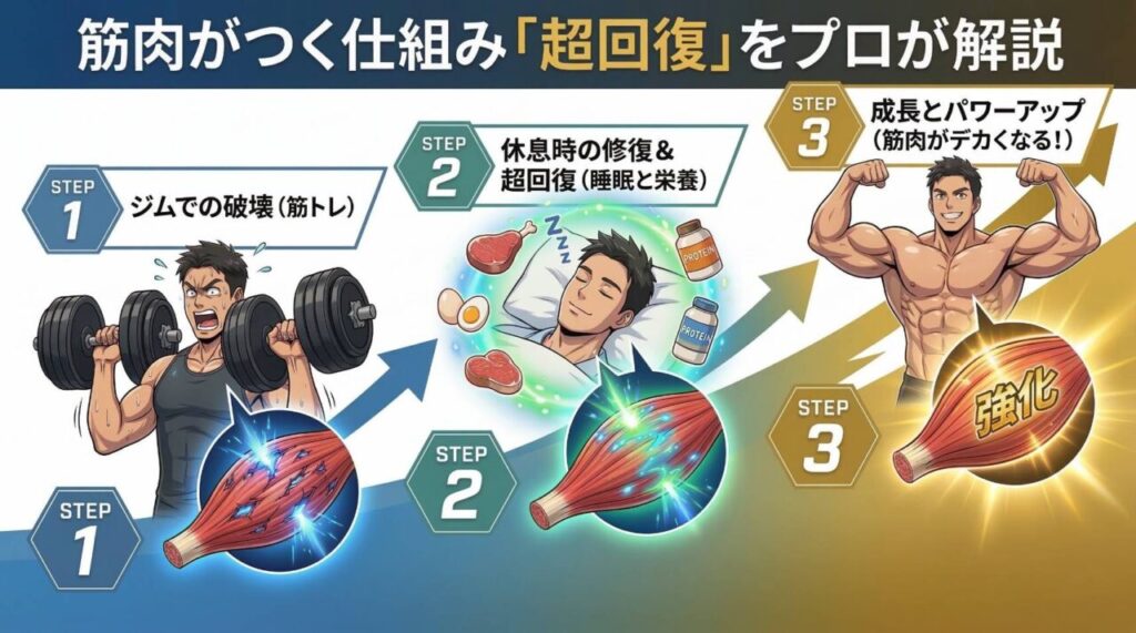筋トレで筋肉がつく仕組み「超回復」を3ステップ(ダメージ、修復、成長)で解説する図解イラスト。