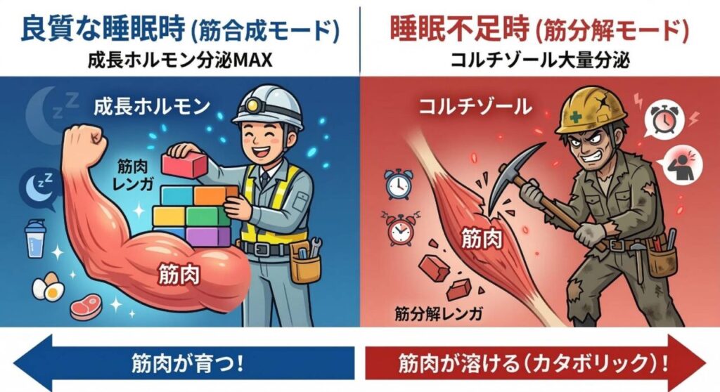 筋トレ効果における睡眠の影響を、2つのホルモンの働きで解説する図解。左の「良質な睡眠時」は成長ホルモン(建設作業員)が筋肉を合成し、右の「睡眠不足時」はコルチゾール(解体業者)が筋肉を分解(カタボリック)する様子を描いている。