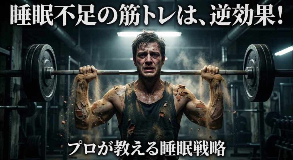 睡眠不足での筋トレが筋肉を分解し逆効果であることを、体が砂のように崩れ去る男性の姿で表現したシネマティックなアイキャッチ画像。プロが教える筋肉を育てる睡眠戦略。