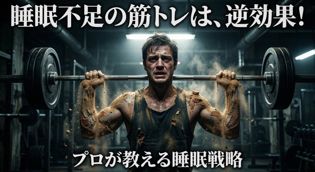 睡眠不足での筋トレが筋肉を分解し逆効果であることを、体が砂のように崩れ去る男性の姿で表現したシネマティックなアイキャッチ画像。プロが教える筋肉を育てる睡眠戦略。