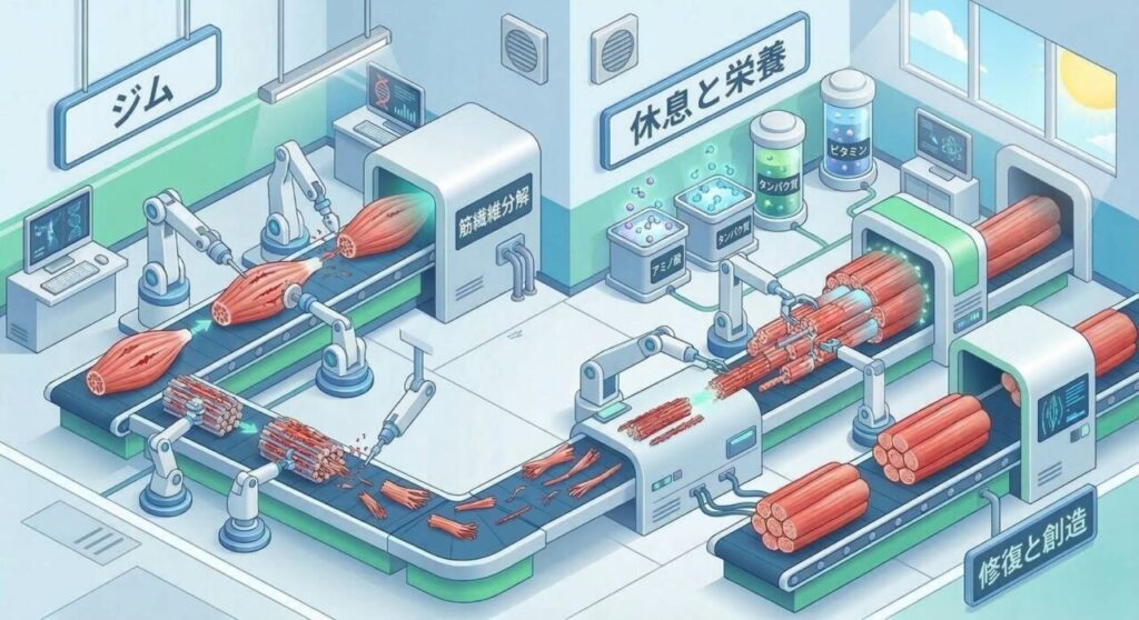 筋トレによる破壊と休息による修復のプロセスを工場に例えた図解イメージ