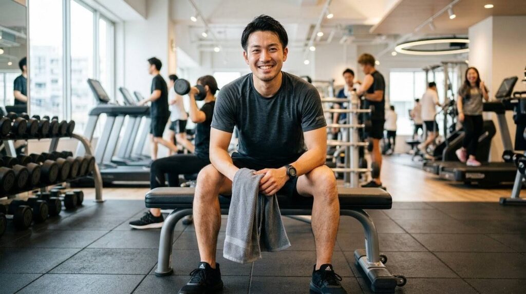 肩の不安と上手く付き合いながら笑顔で筋トレを終えた日本人男性