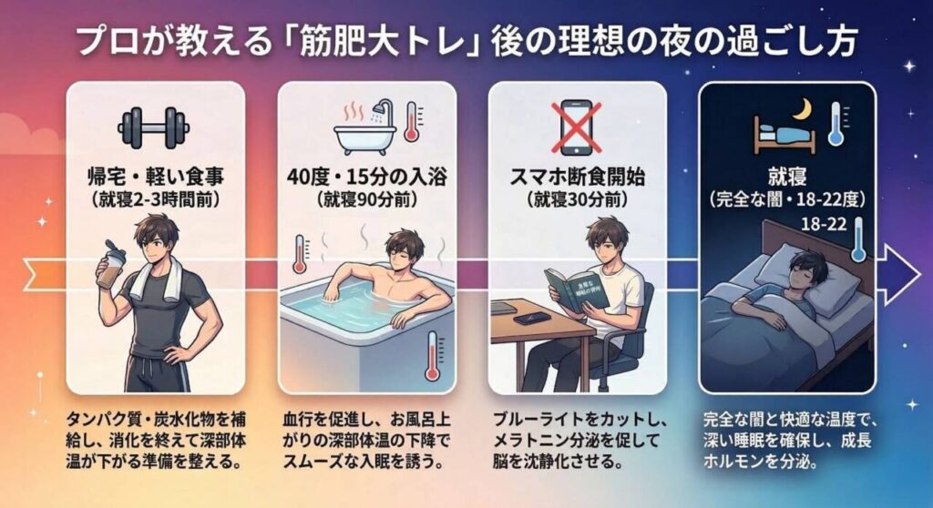 筋トレ初心者が睡眠の質を爆上げするための、帰宅から就寝までの理想のタイムライン図解。就寝前の食事デッドライン、入浴(90分前)、スマホ断食(30分前)のタイミングを、プロの戦略に基づき時系列で示している。