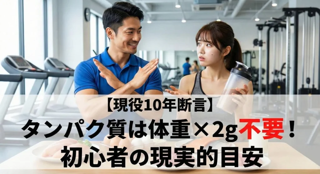 プロテインシェイカーを持つ女性に「×」のジェスチャーをするトレーナーと、テーブルの上の高タンパク食材（鶏肉、卵、魚など）。画像内の文字：【現役10年断言】タンパク質は体重×2g不要！初心者の現実的目安