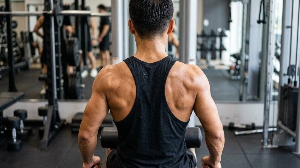 肩甲骨の動きを意識して背中を寄せる日本人男性