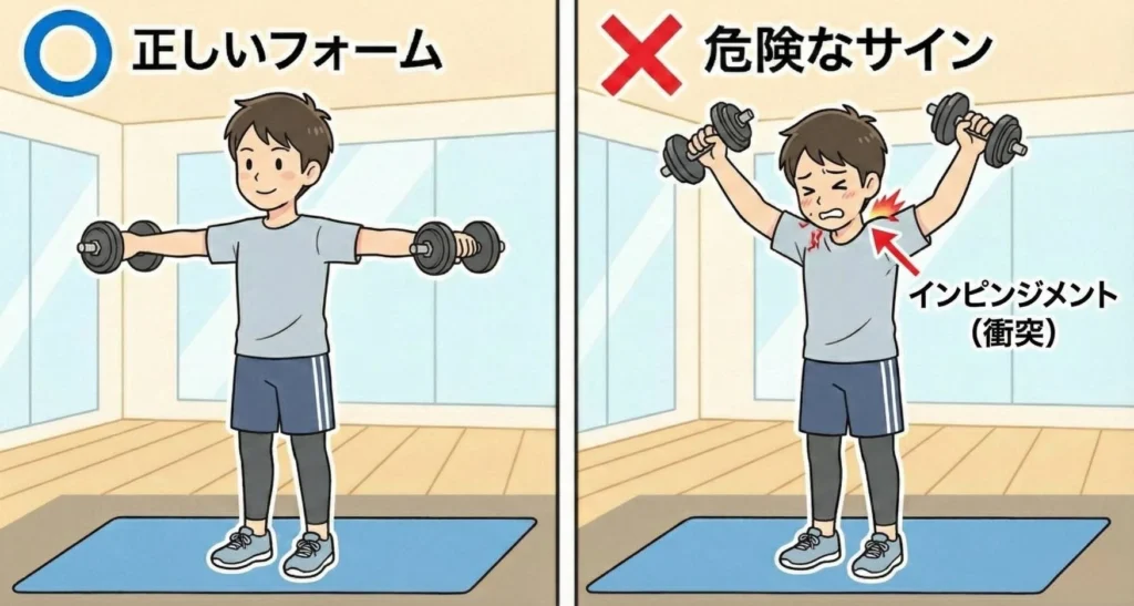 サイドレイズの正しいフォームと、肩のインピンジメント(衝突)が起きている危険なフォームの比較イラスト。左側は腕を肩の高さまで上げた正しい姿勢、右側は腕を上げすぎて肩を痛めている様子を解説。