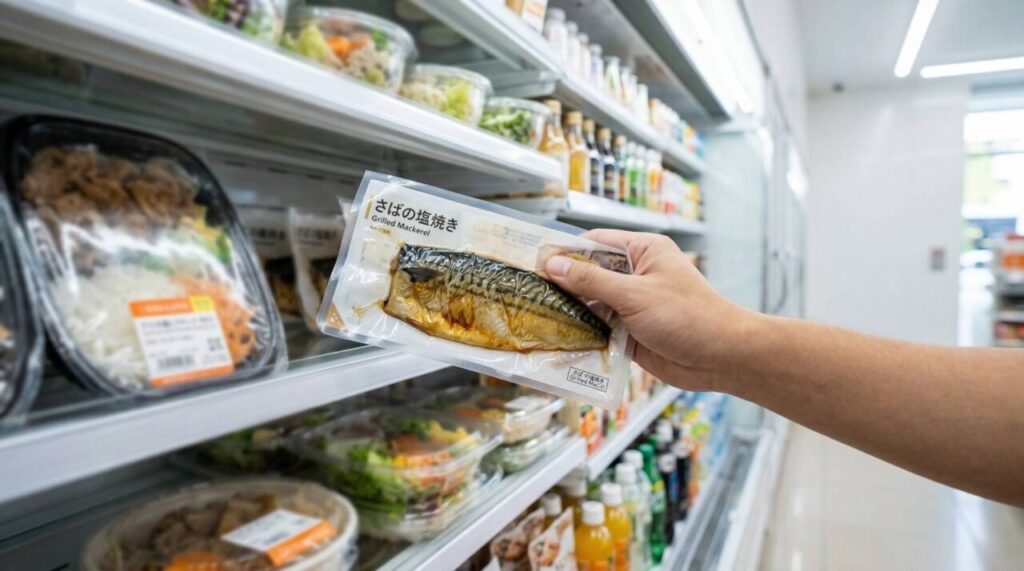 コンビニのお惣菜コーナーで痩せる食材を賢く選ぶ様子