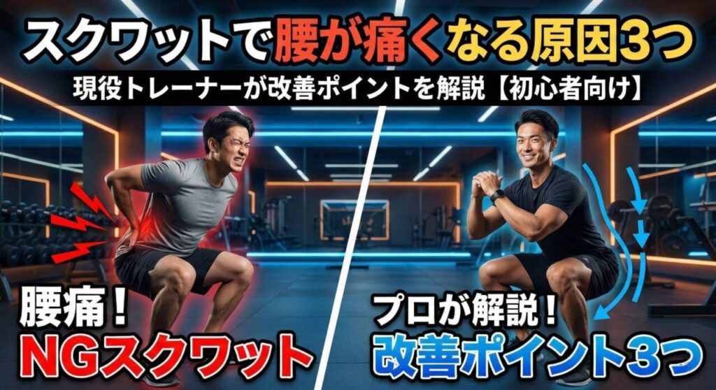 ブログ記事のアイキャッチ画像。タイトル「スクワットで腰が痛くなる原因3つ｜現役トレーナーが改善ポイントを解説【初心者向け】」が上部に大きく表示されている。画面は左右に分割されており、左側は「腰痛！NGスクワット」の文字と共に、苦痛の表情で腰を押さえながらスクワットをしている男性の写真。右側は「プロが解説！改善ポイント3つ」の文字と共に、笑顔で正しいフォームのスクワットを実演するトレーナー男性の写真が配置され、NG例と良い例を対比させている。