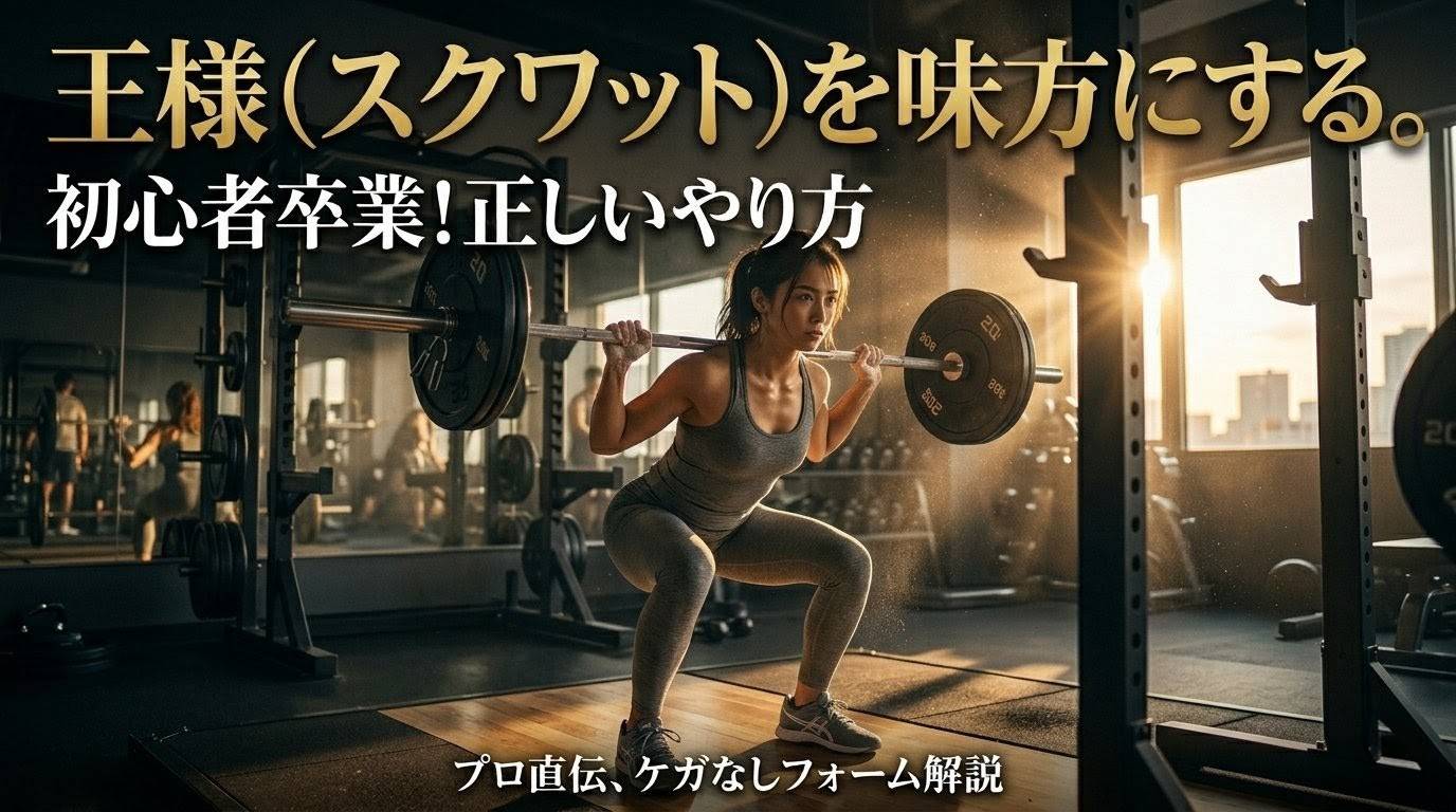 薄暗いジムでゴールデンアワーの光を浴びながらバーベルに向かう日本人女性と、日本語のキャッチコピー「王様（スクワット）を味方にする。初心者卒業！正しいやり方」が挿入されている。