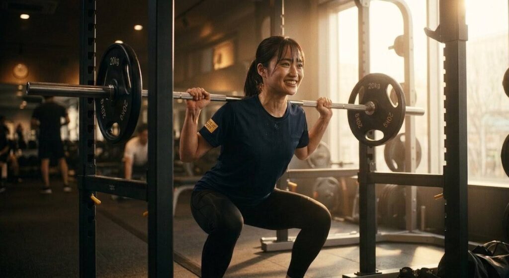 完璧なフォームでスクワットのボトムポジションから強力に立ち上がる、自信あふれる日本人女性。