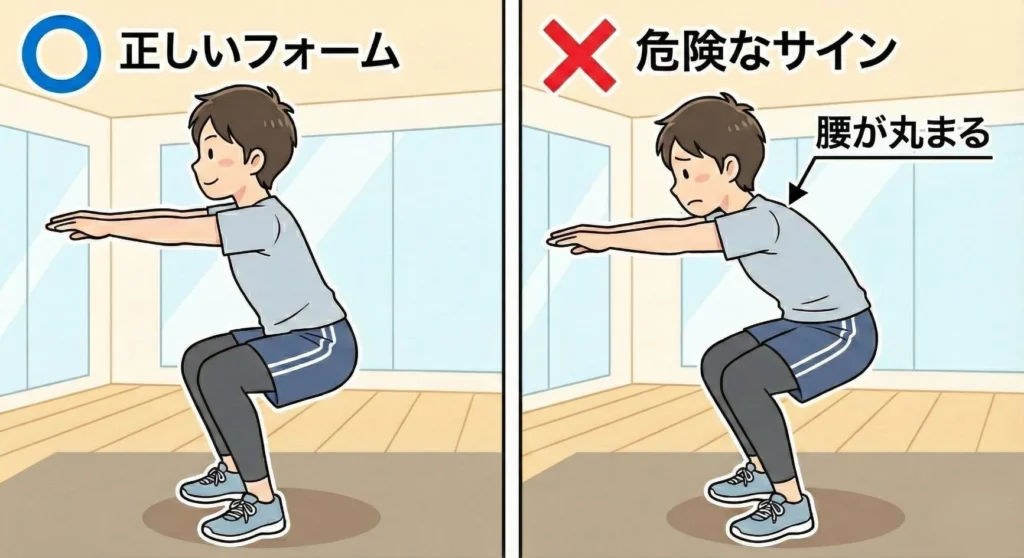 スクワット動作の比較図。左側は背筋が伸びた「正しいフォーム」、右側はしゃがんだ際に腰が丸まる「危険なサイン」を解説。