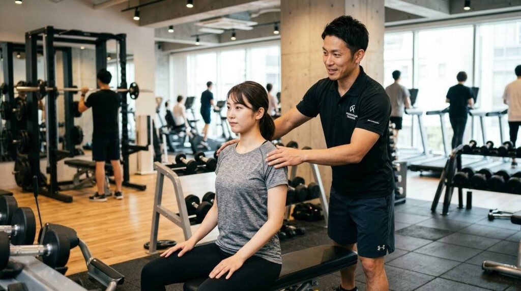 パーソナルトレーナーから正しいフォームの指導を受ける様子