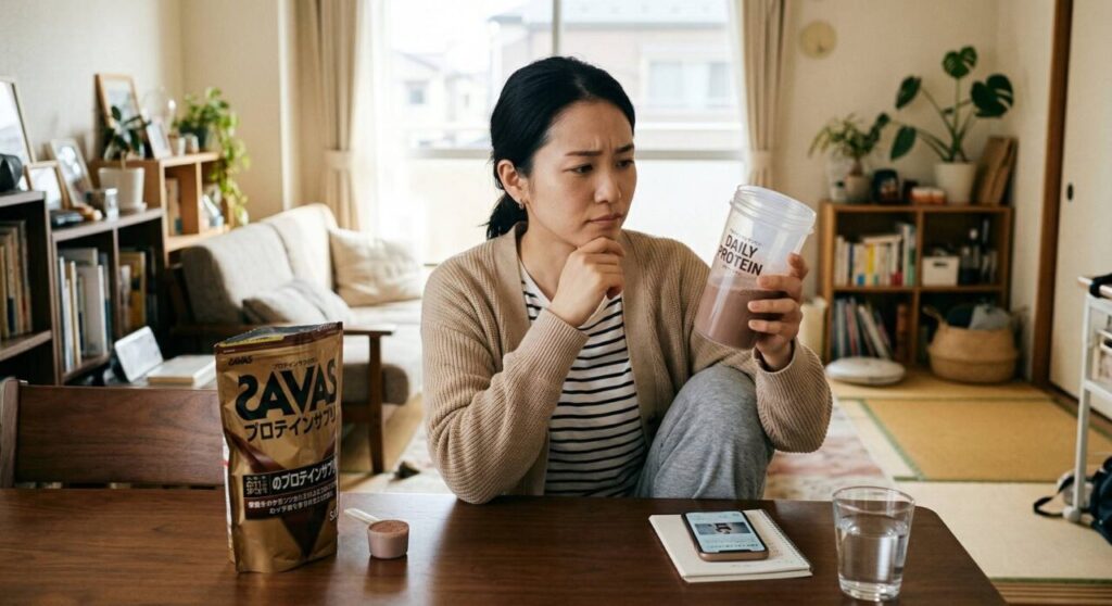 家でプロテインシェイカーを手に持ち、飲むかどうか迷っている女性