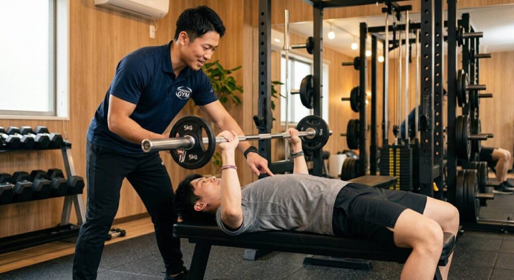 プロのトレーナーが初心者の胸に手を添えてベンチプレスを指導している画像。