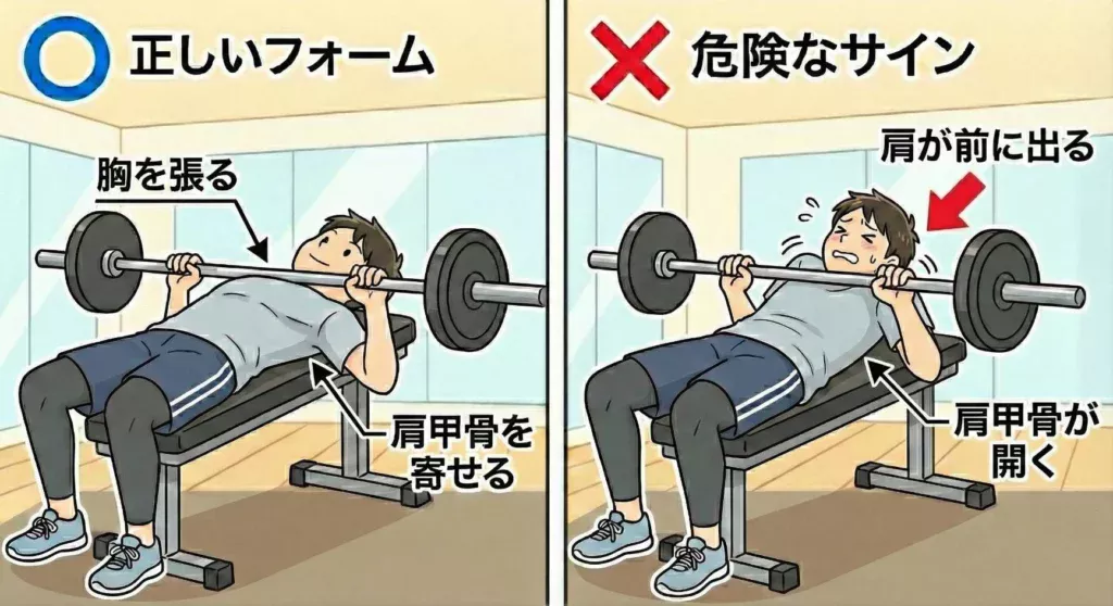ベンチプレスの比較図。左は肩甲骨を寄せて胸を張った正しい状態、右は肩甲骨が開き肩が前に出た危険な状態を解説。