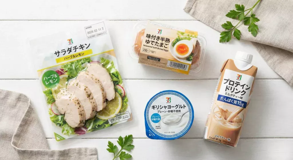 コンビニで購入できる高タンパク・低脂質な食材(サラダチキン、ゆで卵、ヨーグルト)