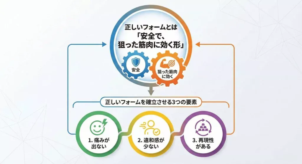 正しいフォームとは「安全で、狙った筋肉に効く形」。重要な3つのポイント(痛みが出ない・違和感が少ない・再現性がある)