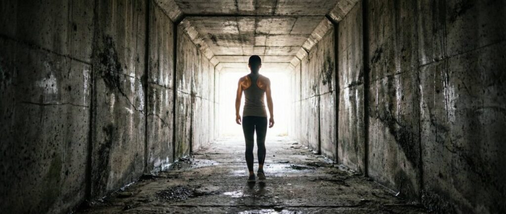 暗いコンクリートのトンネルから、明るい光が差し込む出口に向かって力強く歩き出す、筋トレウェアを着た日本人女性の後ろ姿