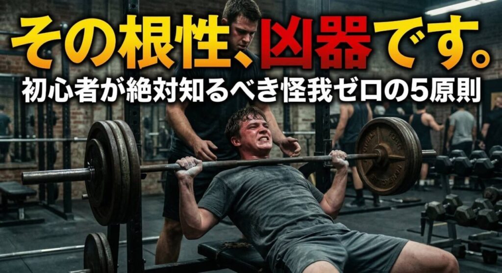 筋トレ初心者が無理をしてフォームを崩し、怪我のリスクが高まっている瞬間を映画のワンシーンのように捉えたインパクトのあるアイキャッチ画像