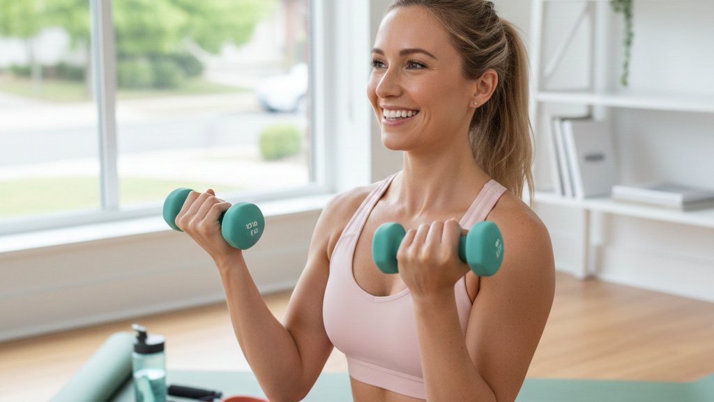 自宅で両手にダンベルを持ちながら、笑顔でダンベルカールをしている女性の画像。