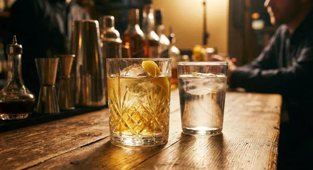 筋トレ中の飲酒の鉄則。ハイボールと同量の水(チェイサー)を並べた様子。