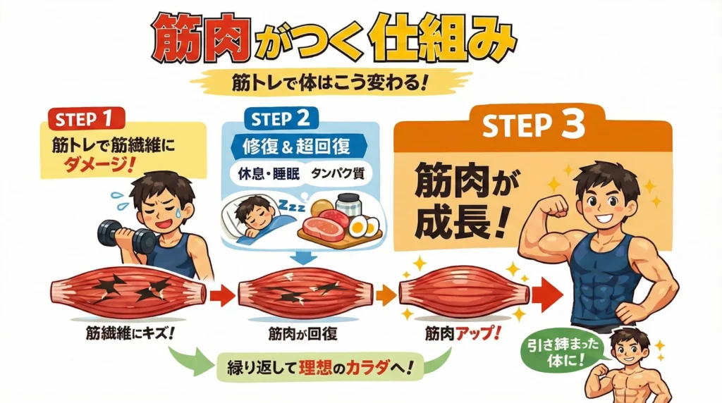筋トレで筋肉がつく仕組み「超回復」を3ステップで解説する図解イラスト。STEP1：筋トレで筋繊維にダメージ、STEP2：休養・睡眠・タンパク質摂取による修復と超回復、STEP3：筋肉の成長と肥大。このサイクルを繰り返して理想の体になるプロセスを説明しています。