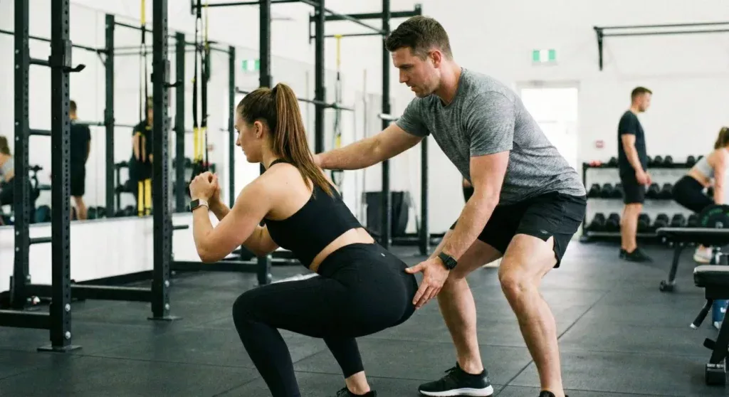 スクワットのフォーム指導を行う男性パーソナルトレーナーと女性クライアント
