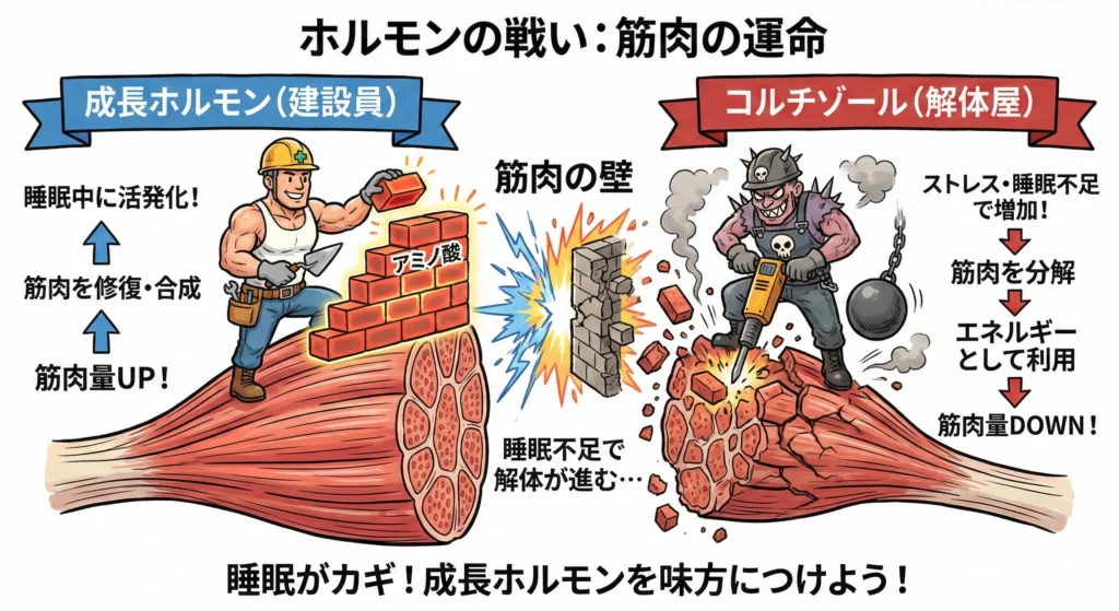 成長ホルモンとコルチゾールの働きを建設員と解体屋に例えた図解