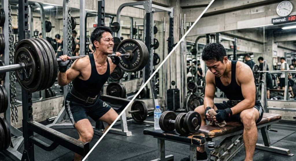 筋力アップ目的で高重量を扱いしっかり休憩をとる男性