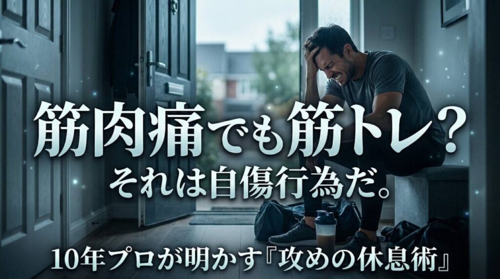 玄関で筋肉痛に耐え、ジムに行くか葛藤する男性を描いた、映画のワンシーンのようなシネマティックなアイキャッチ画像。上部にドラマチックな和文で『筋肉痛でも筋トレ？それは自傷行為だ。』、下部に『10年プロが明かす『攻めの休息術』』の文字。ジムバッグとプロテインシェイカーが置かれている。