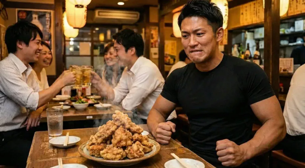 同じ居酒屋のカウンターで、同じ筋肉質の男性が、目の前に置かれた湯気の立つ山盛りの唐揚げを前に、食べたい欲求を我慢するように苦渋の表情で拳を握りしめている。背景の他の客は楽しそうに飲んでいる。