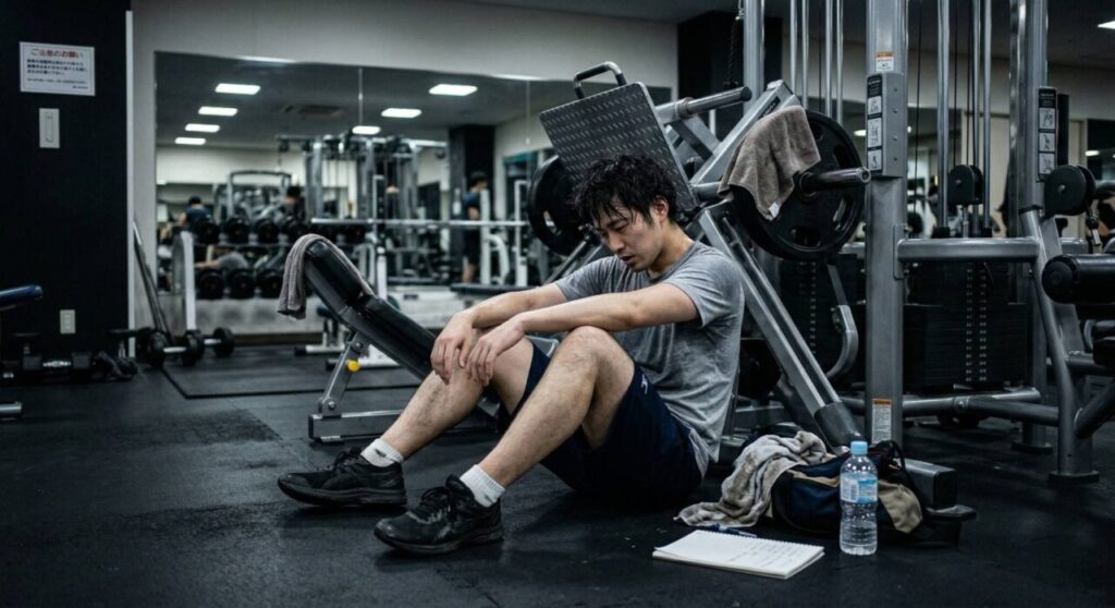 長時間の筋トレで集中力が切れ疲れ果てた男性