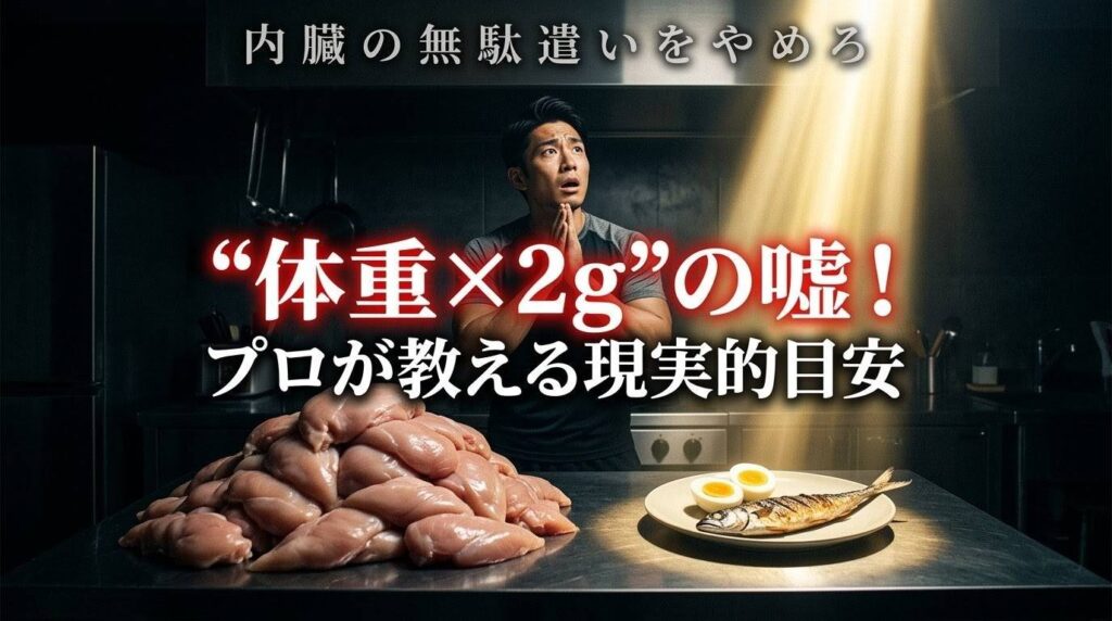 「タンパク質体重2g不要」を断言する現役トレーナーと、筋トレ初心者に最適な摂取量の目安を解説するイメージ画像