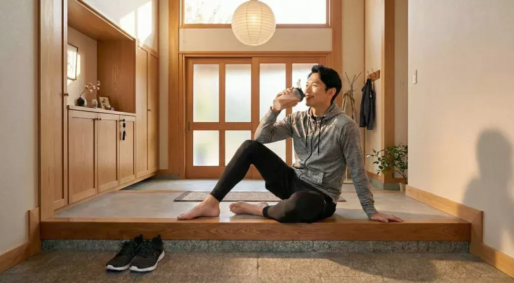 筋トレ後に玄関で靴を脱ぎ、リラックスしてプロテインを飲みながら休息を取る様子。