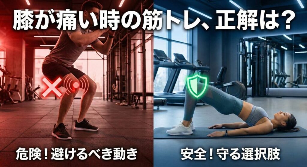比較画像「膝が痛い時の筋トレ、正解は？」。左側の赤い領域は「危険！避けるべき動き」として、膝に痛みの波紋と×印が付いたスクワットをする男性。右側の青い領域は「安全！守る選択肢」として、膝に保護を示す緑色の盾マークが付いたヒップリフト（グルートブリッジ）をする女性を対比して表示。